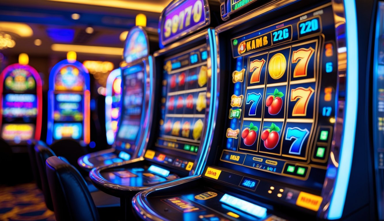 Mesin slot video modern dengan gulungan berwarna-warni yang sedang berputar di dalam kasino.