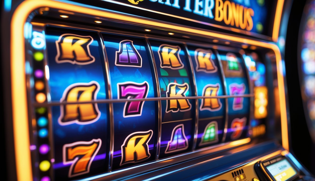 Layar mesin slot dengan simbol scatter tersebar di gulungan dalam suasana kasino.