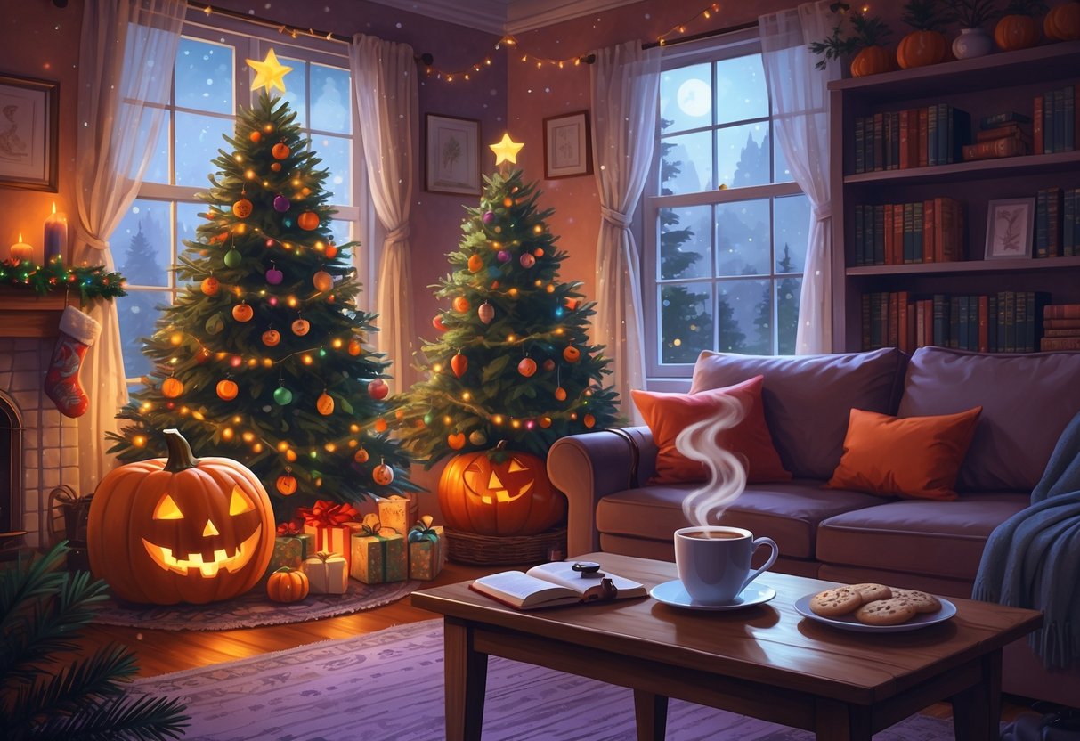 A cozy living room decorated with Christmas and Halloween items, including a Christmas tree, carved pumpkin, books, and a table with hot cocoa and a notebook.