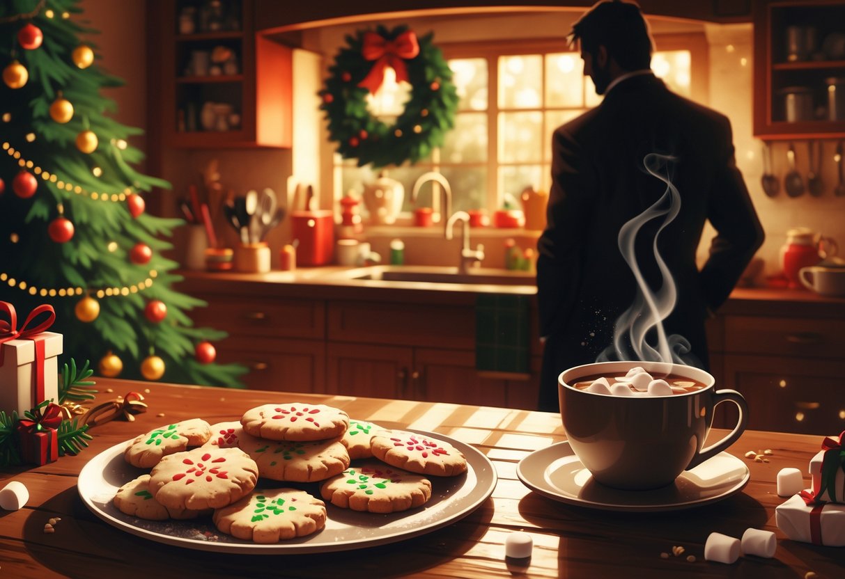 A warmly decorated Christmas kitchen with a plate of cookies and a shadowy figure in the background, suggesting a holiday mystery.