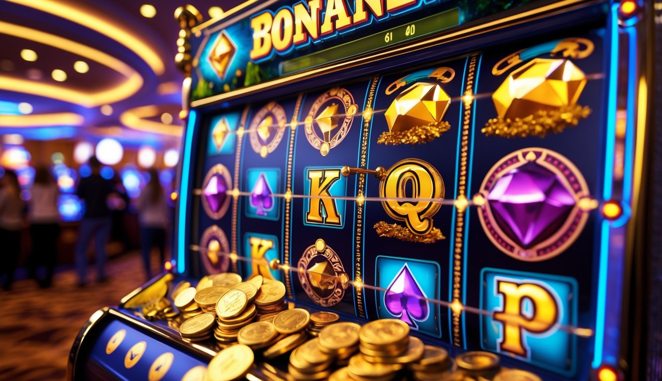 Sebuah mesin slot dengan simbol warna-warni dan koin emas yang keluar di latar kasino yang ramai.