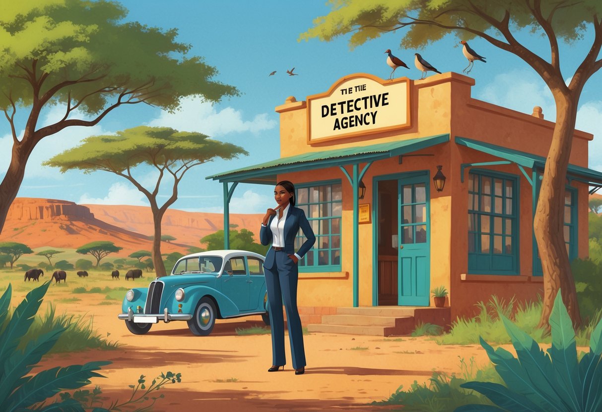 An African woman detective standing outside a colorful building with acacia trees and hills in the background under a clear sky.