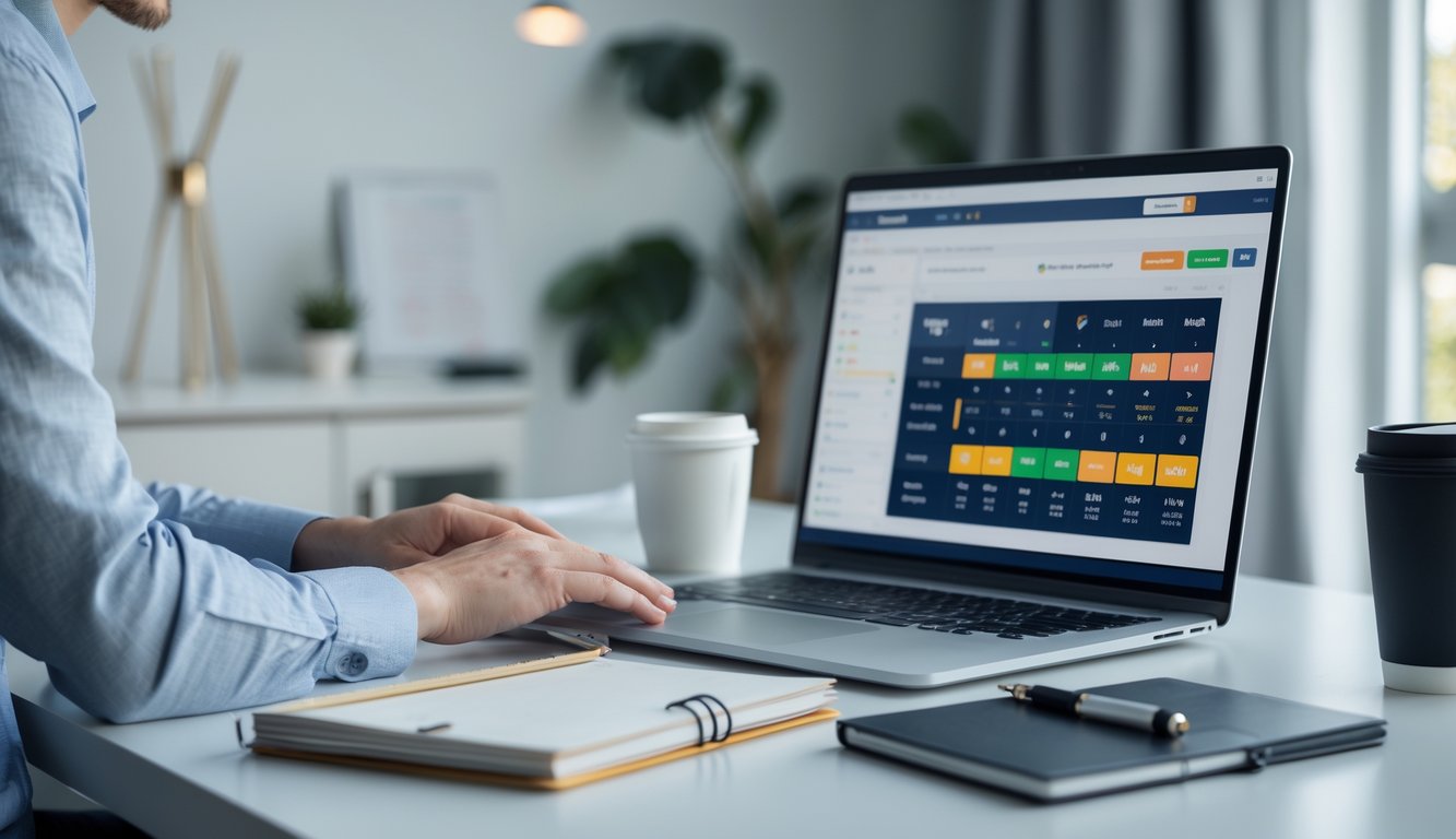 Seseorang menggunakan laptop di meja dengan suasana terang dan rapi, sedang melakukan taruhan online.