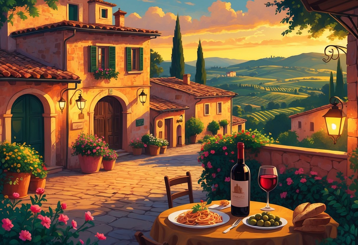 A cozy Italian village at sunset with stone buildings, cobblestone streets, an outdoor caf&eacute; table set with wine and Italian food, and rolling vineyards in the background.