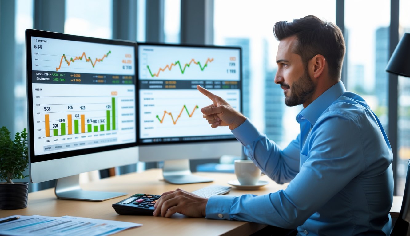 Seorang pria bisnis duduk di meja kantor modern sambil menganalisis grafik dan data strategi taruhan dengan suasana yang fokus dan teratur.