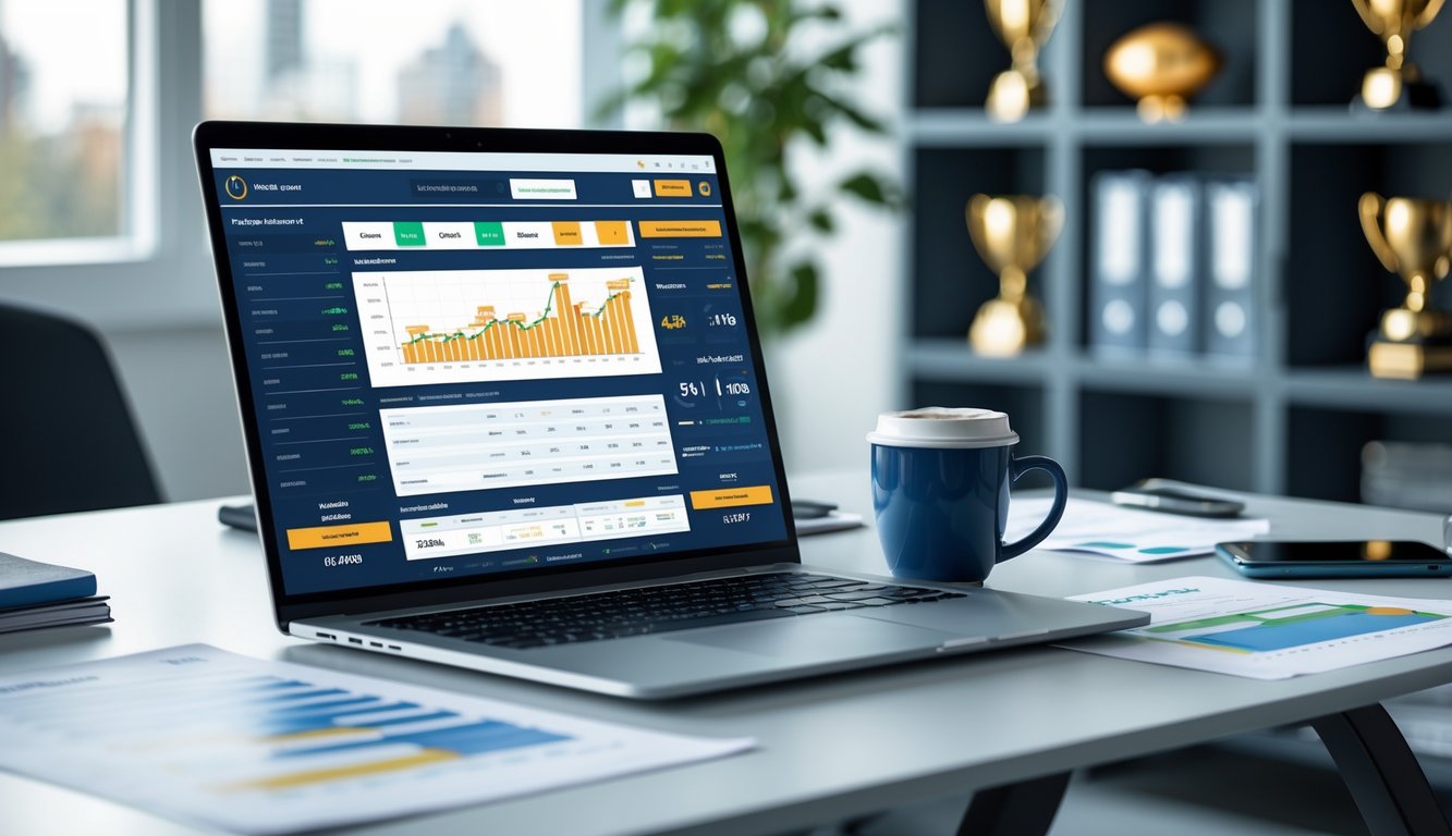 Meja kerja dengan laptop yang menampilkan statistik olahraga dan peluang taruhan, grafik cetak, kopi, dan ponsel yang menayangkan acara olahraga langsung.