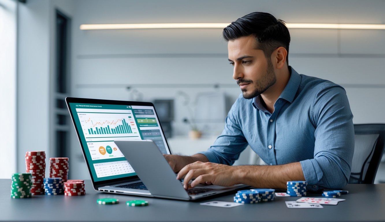 Seorang pria duduk di meja dengan laptop dan alat taruhan, terlihat fokus menganalisis data.