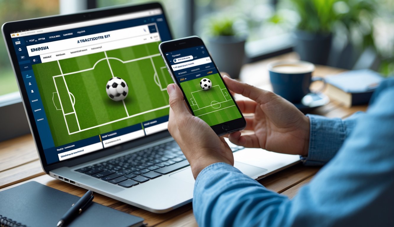 Seseorang sedang memasang taruhan bola menggunakan ponsel dan laptop di meja kerja.