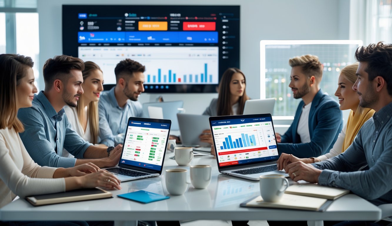 Sekelompok orang muda sedang menggunakan laptop dan ponsel di ruang kantor modern untuk aktivitas taruhan online yang terpercaya.