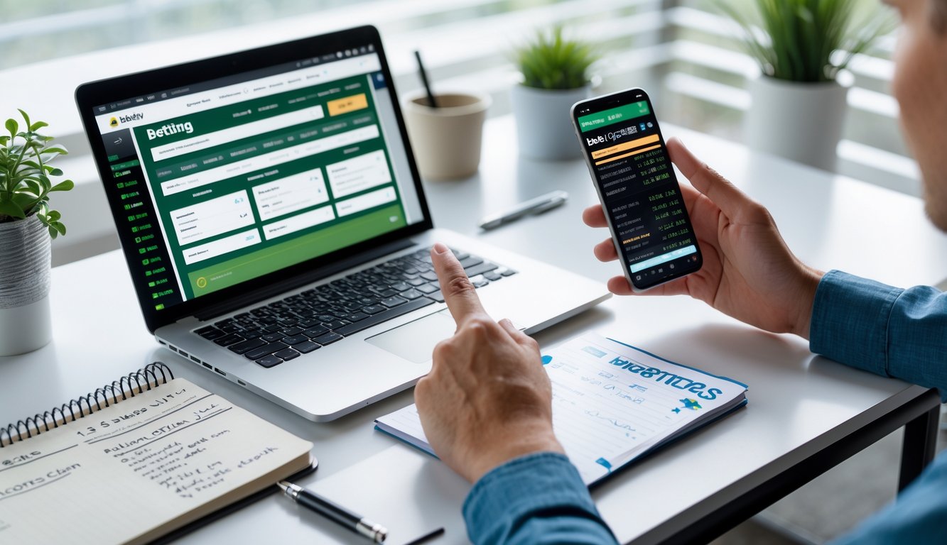 Seseorang sedang belajar taruhan dengan laptop dan ponsel di atas meja kerja yang rapi.