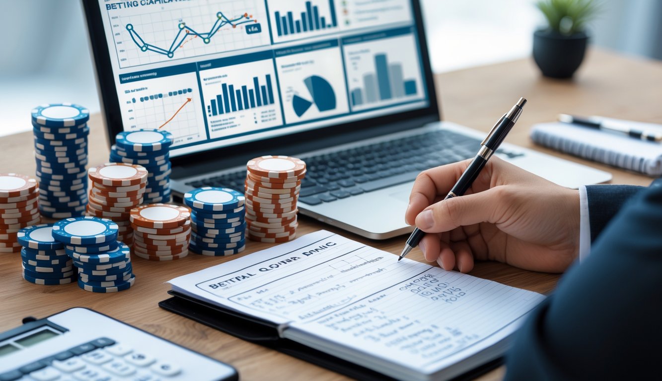 Meja kerja dengan laptop menampilkan grafik, tumpukan chip poker, kartu remi, kalkulator, dan tangan seseorang yang sedang mencatat di buku catatan.