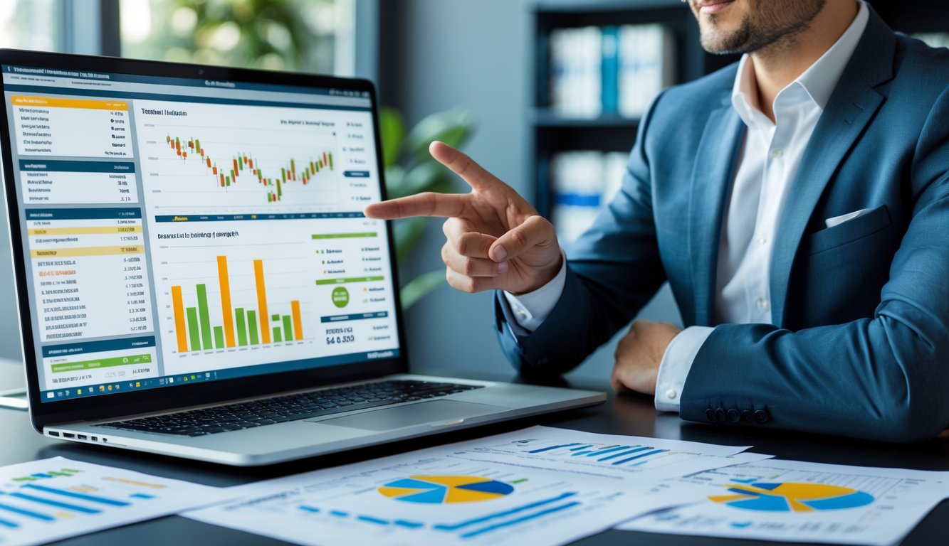 Seorang pebisnis sedang menganalisis strategi taruhan untuk mendapatkan keuntungan di sebuah kantor modern.