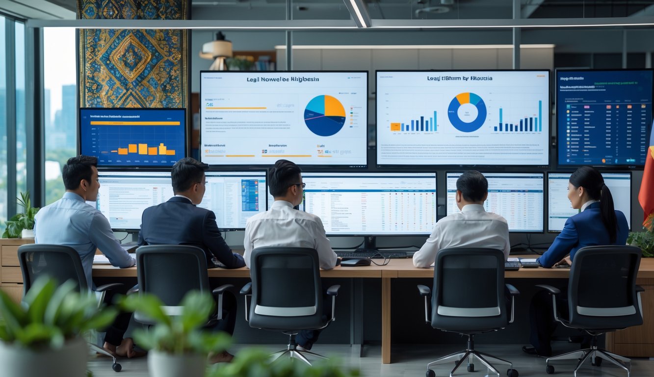 Sekelompok profesional Indonesia sedang berdiskusi di kantor modern dengan layar komputer yang menampilkan data dan dokumen terkait taruhan legal.