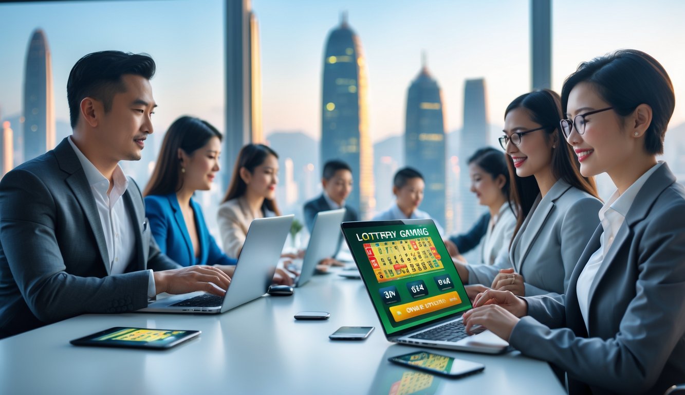 Sekelompok orang bekerja dengan perangkat digital di kantor modern yang menampilkan suasana bisnis togel online yang terpercaya.