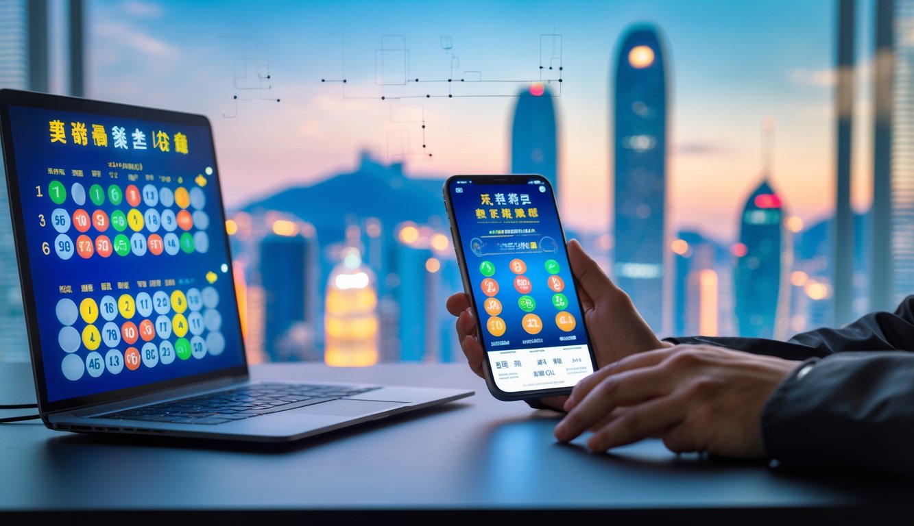 Seseorang menggunakan laptop dan ponsel untuk bermain togel online dengan latar belakang pemandangan kota Hong Kong.