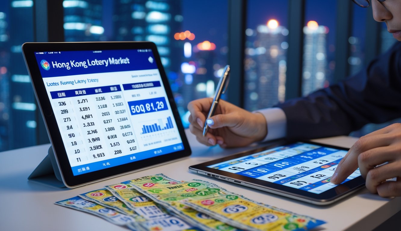 Seseorang sedang menganalisis data lotere dengan tiket dan tablet di meja, dengan pemandangan kota di malam hari di latar belakang.