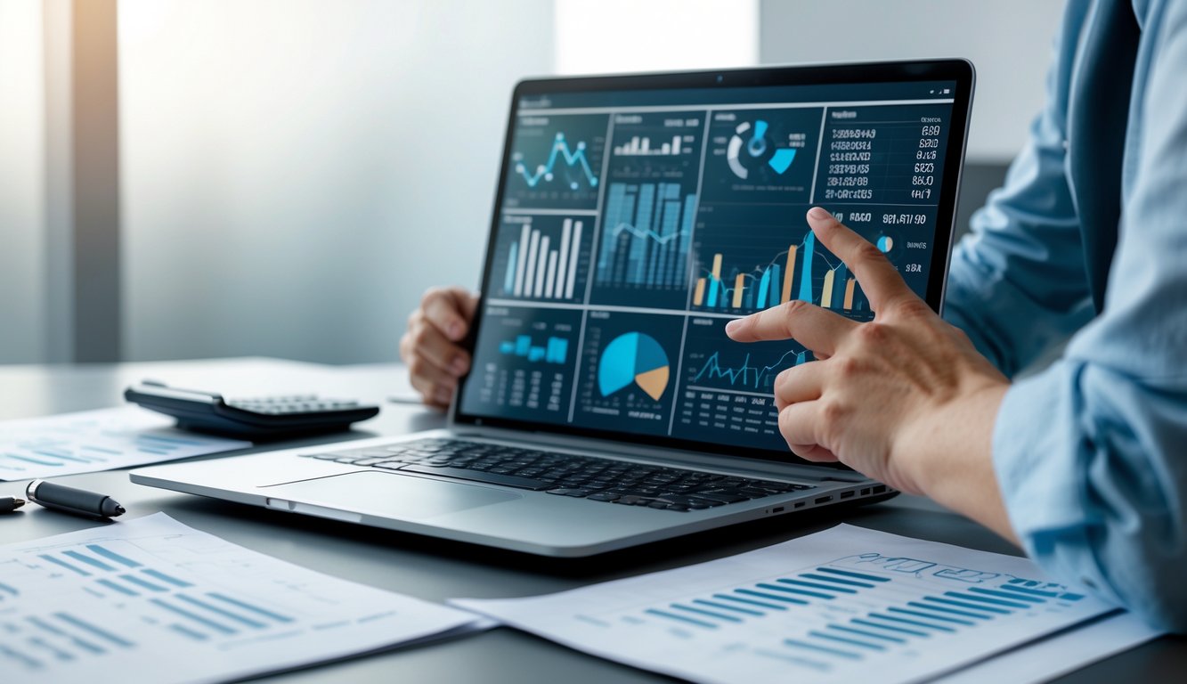 Sebuah meja kerja dengan laptop menampilkan grafik dan angka, tangan seseorang sedang menunjuk layar, terdapat kertas data dan kalkulator di sekitar meja.