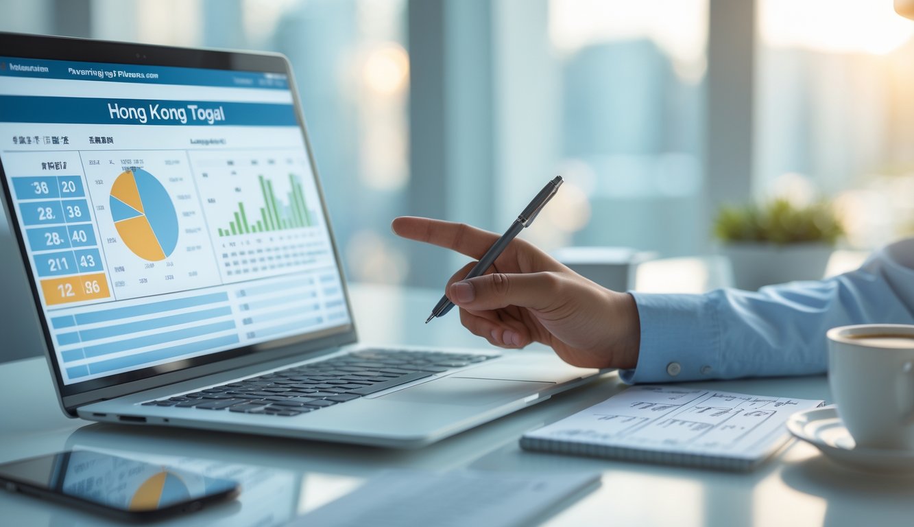 Seseorang sedang menganalisis angka togel Hong Kong di meja kerja dengan laptop dan catatan.