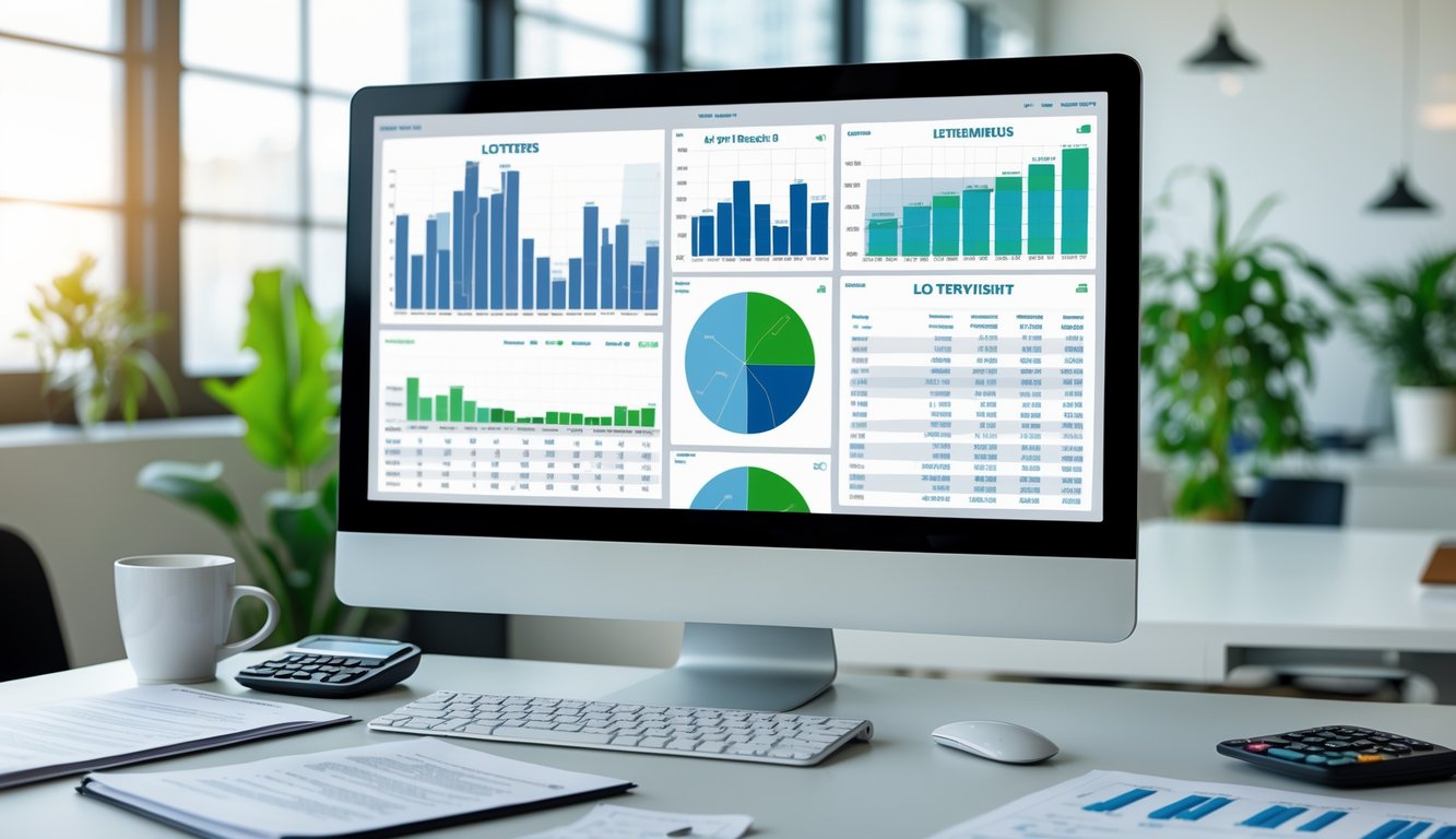 Seorang profesional sedang menganalisis data di meja kantor dengan komputer dan dokumen di sekitarnya.