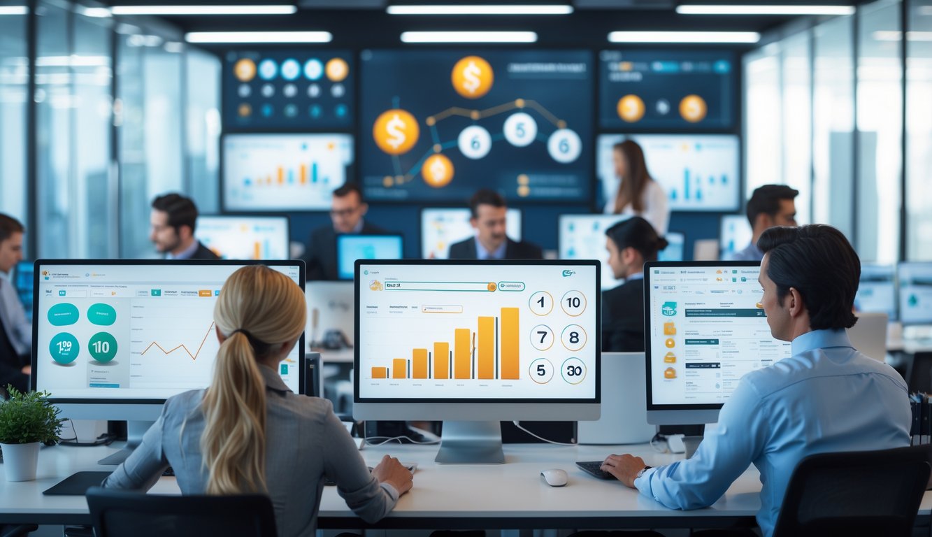 Orang-orang bekerja di kantor modern dengan komputer dan perangkat mobile, menganalisis data terkait lotere.