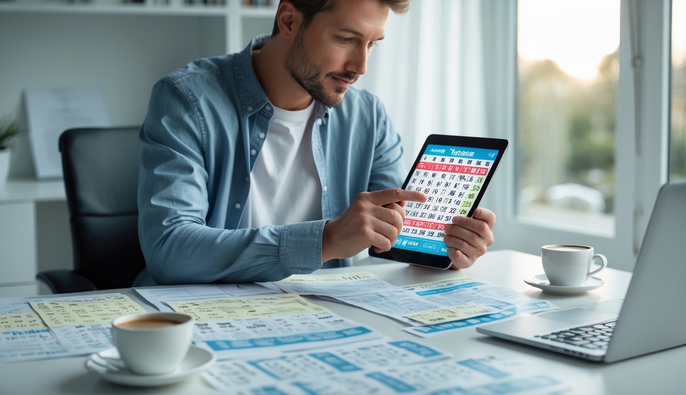 Seseorang sedang menganalisis angka togel menggunakan tablet di ruang kerja rumah yang terang dan rapi.