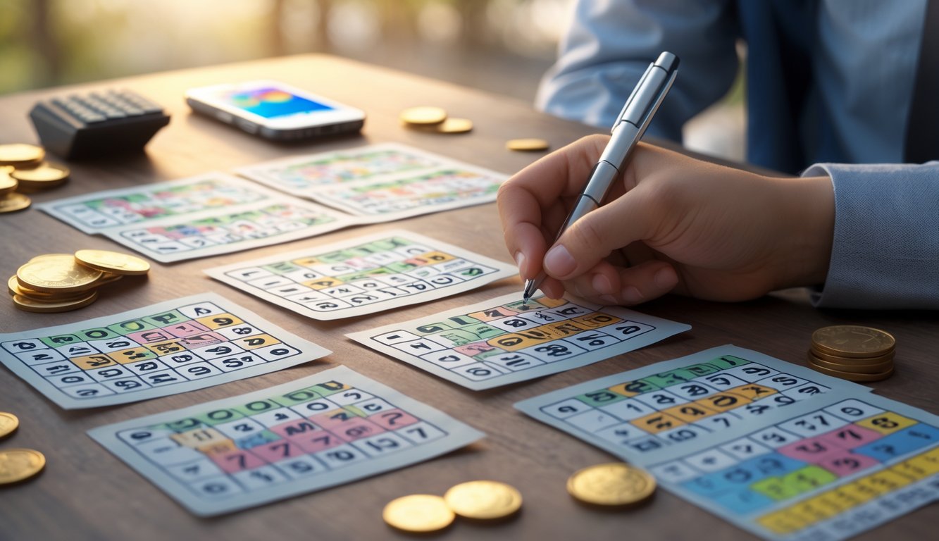 Tangan seseorang sedang memilih angka pada kertas taruhan lotre di atas meja dengan kalkulator dan ponsel di sekitarnya.