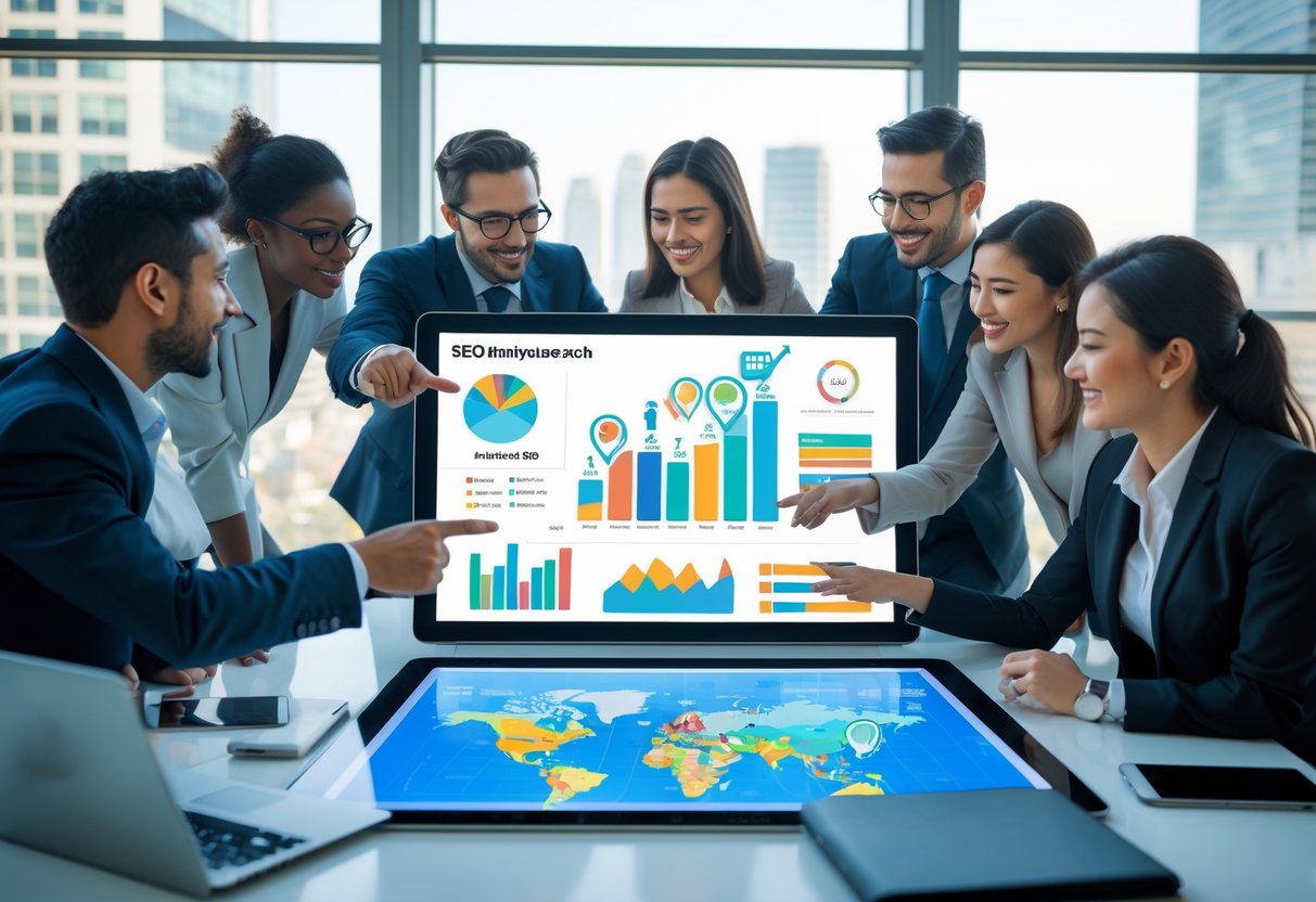 Geschäftsleute arbeiten gemeinsam an einem digitalen Tisch mit Karten und Diagrammen zur lokalen Suchmaschinenoptimierung.