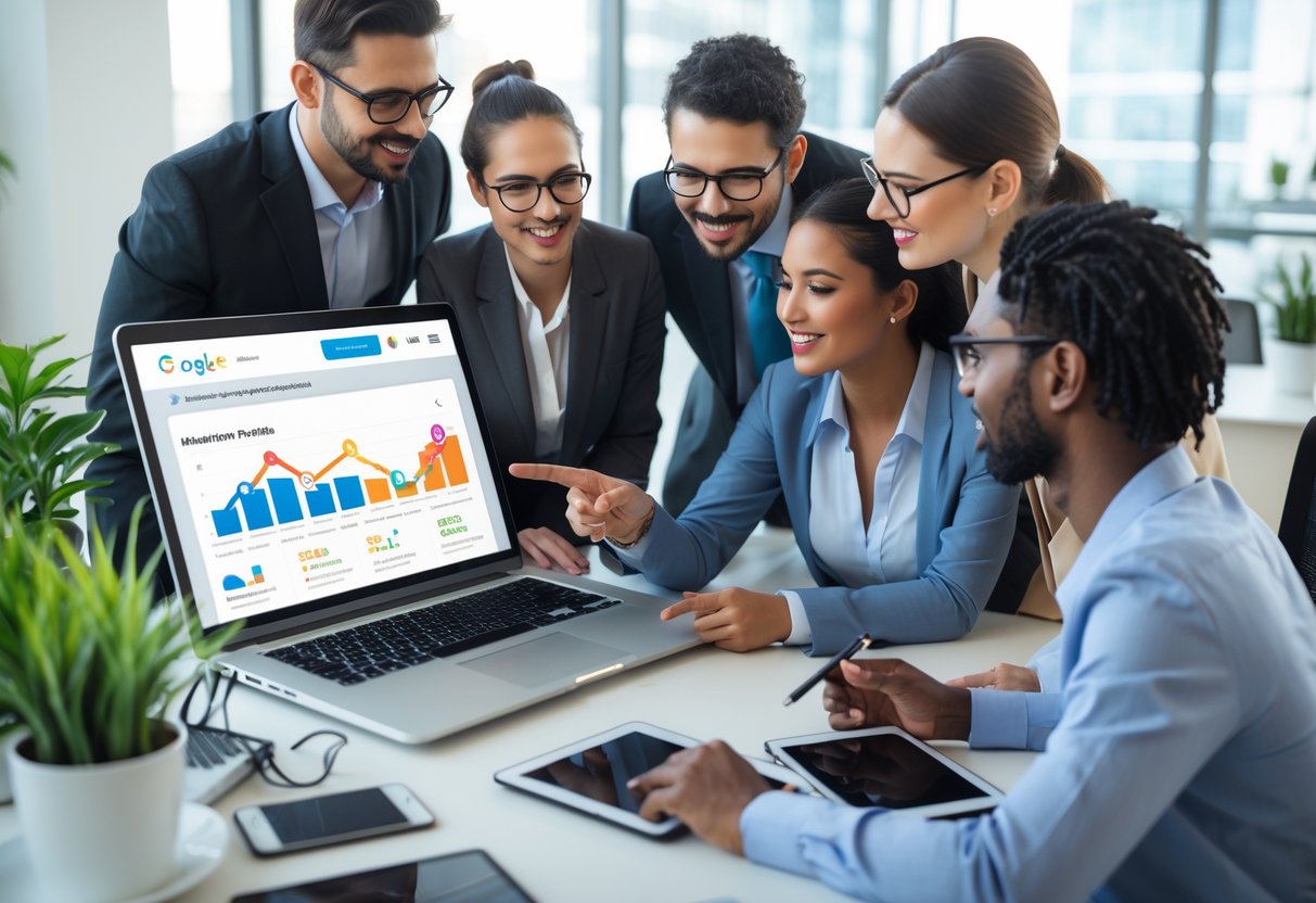 Ein Team von Geschäftsleuten arbeitet gemeinsam an einem Laptop mit Google-Unternehmensprofil-Dashboard in einem modernen Büro.