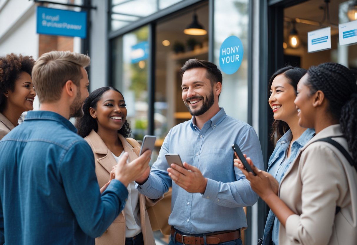 Ein Geschäftsinhaber spricht mit zufriedenen Kunden vor einem lokalen Geschäft.