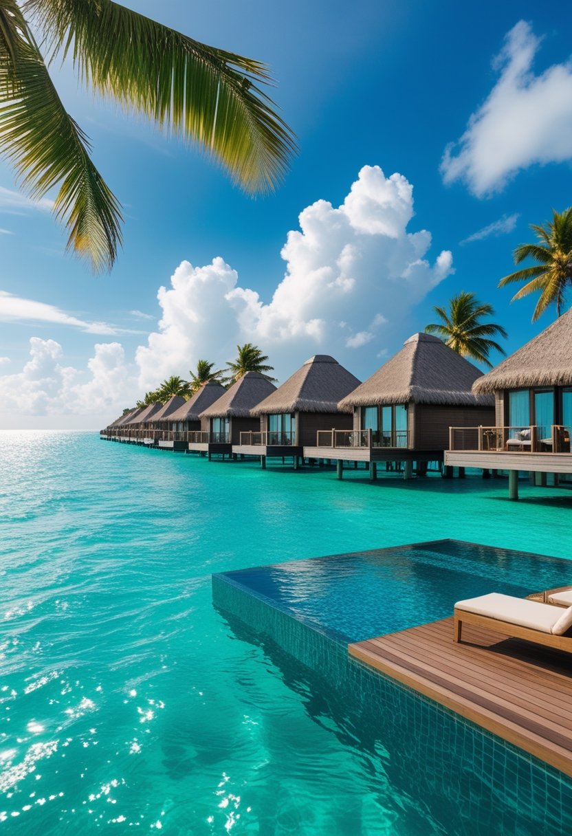 Vue d'un complexe hôtelier de luxe aux Maldives avec des bungalows sur pilotis au-dessus d'une eau turquoise claire, des palmiers et un ciel bleu.