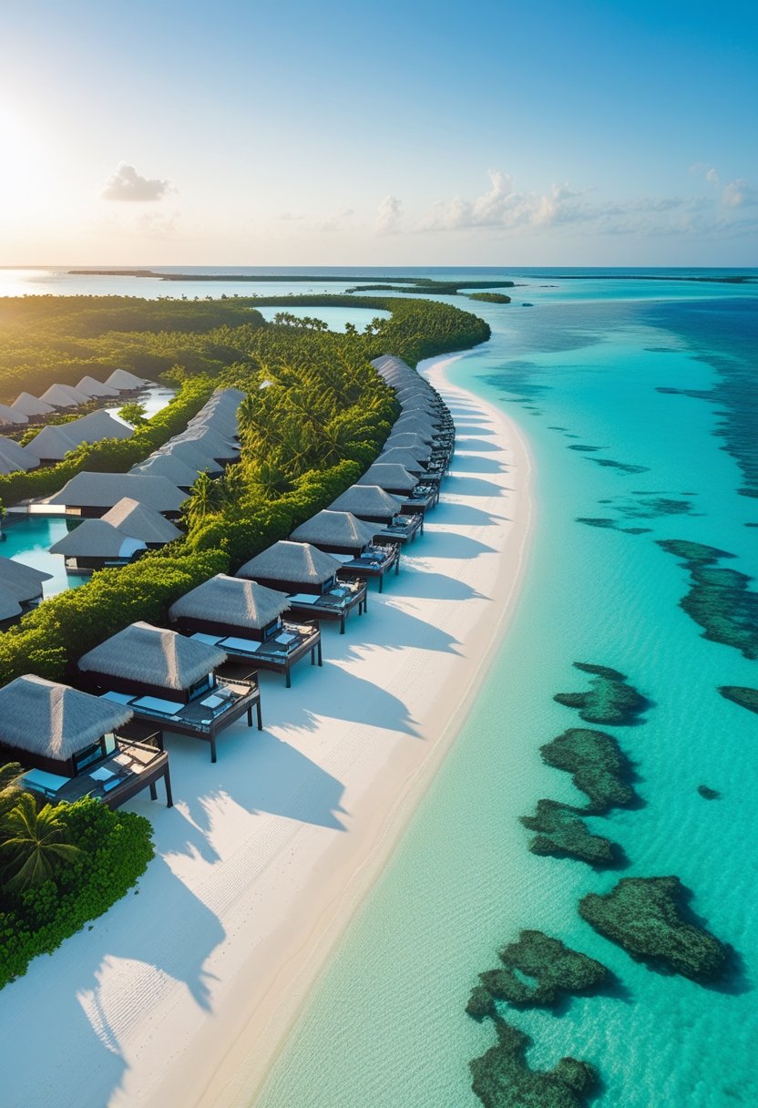 Vue aérienne d'hôtels de luxe aux Maldives avec plages de sable blanc, eaux turquoise et bungalows sur pilotis entourés de végétation tropicale.