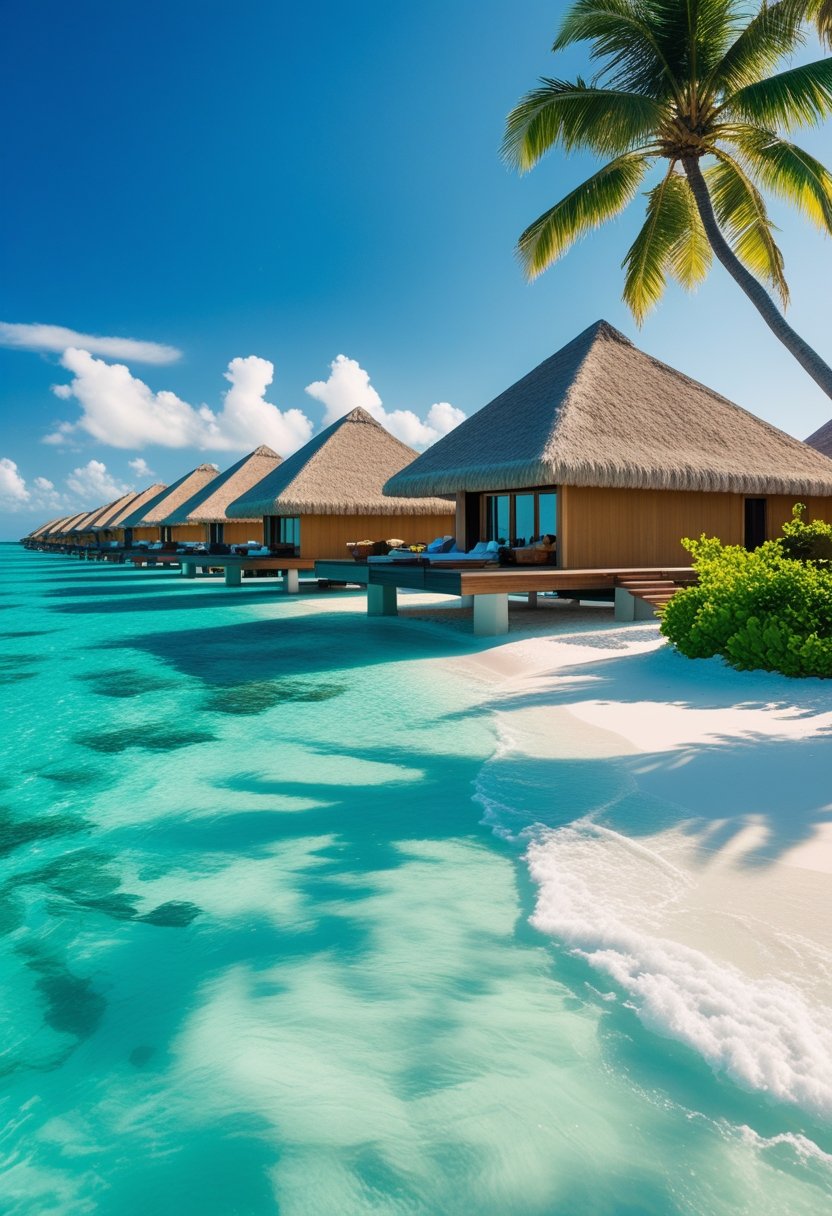Vue d'un complexe hôtelier de luxe aux Maldives avec des bungalows sur pilotis au-dessus d'une eau turquoise et une plage de sable blanc bordée de palmiers.