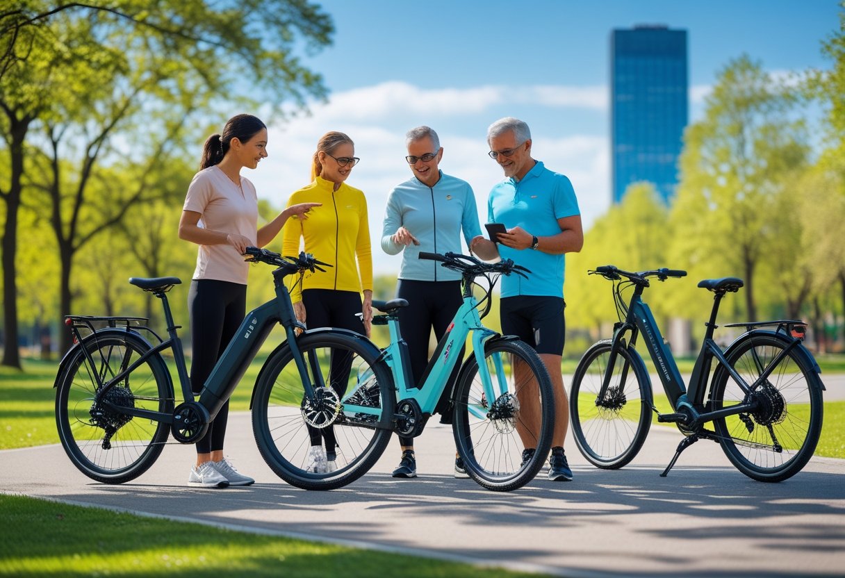 Three adults outdoors in a park looking at different electric bikes and discussing their features.