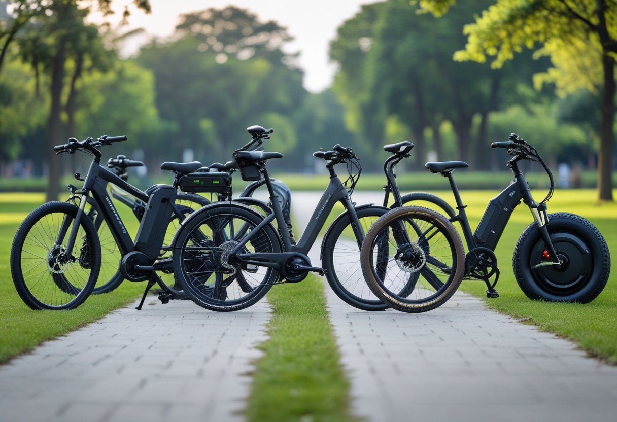 Several different types of electric bikes displayed outdoors on a paved path with trees and greenery in the background.