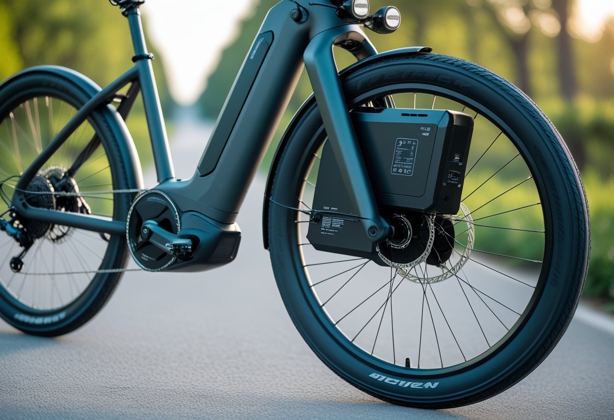 Close-up of an electric bike's motor and battery on a paved path with greenery in the background.