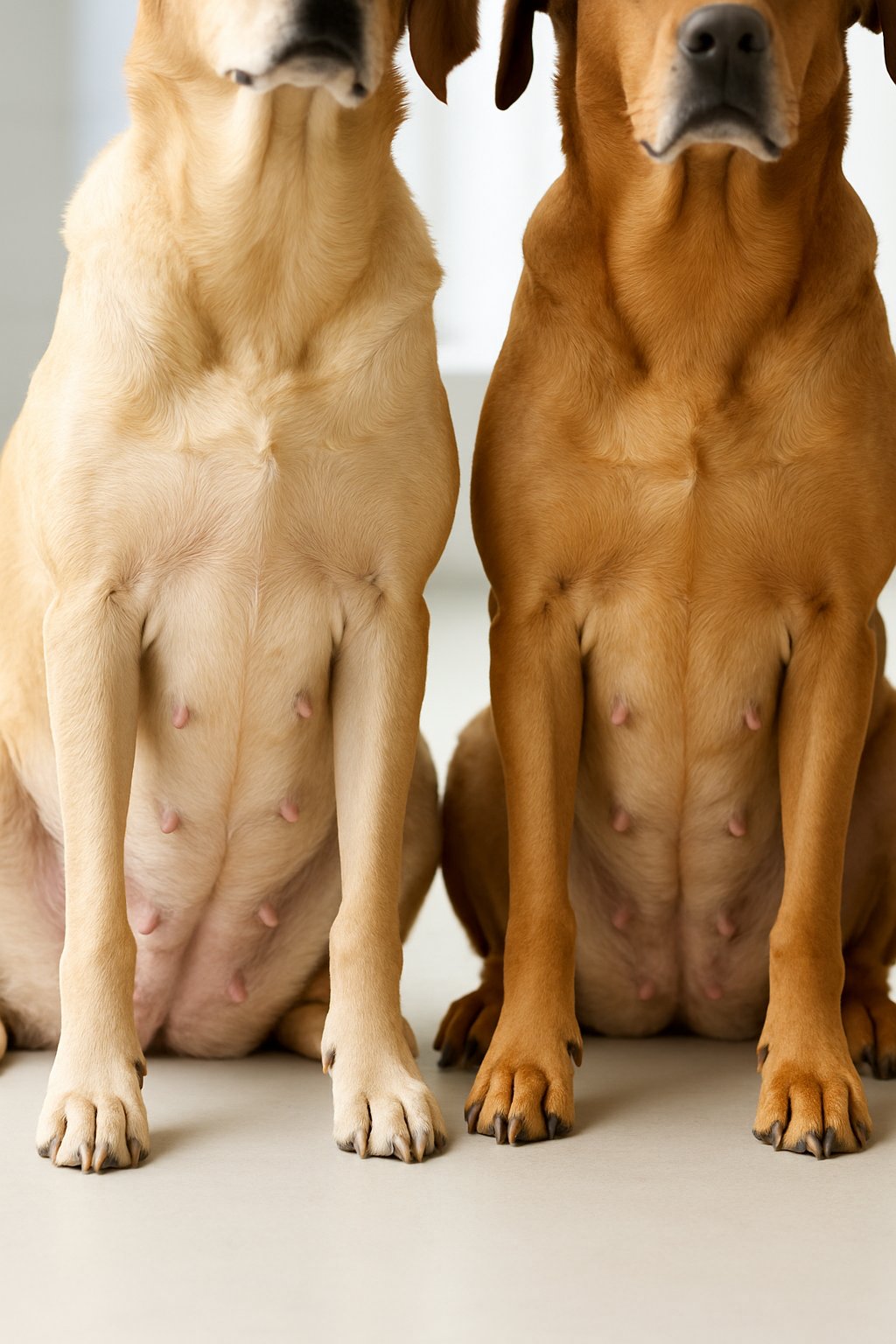 Two adult dogs sitting side by side showing their midsections with naturally sagging nipples.