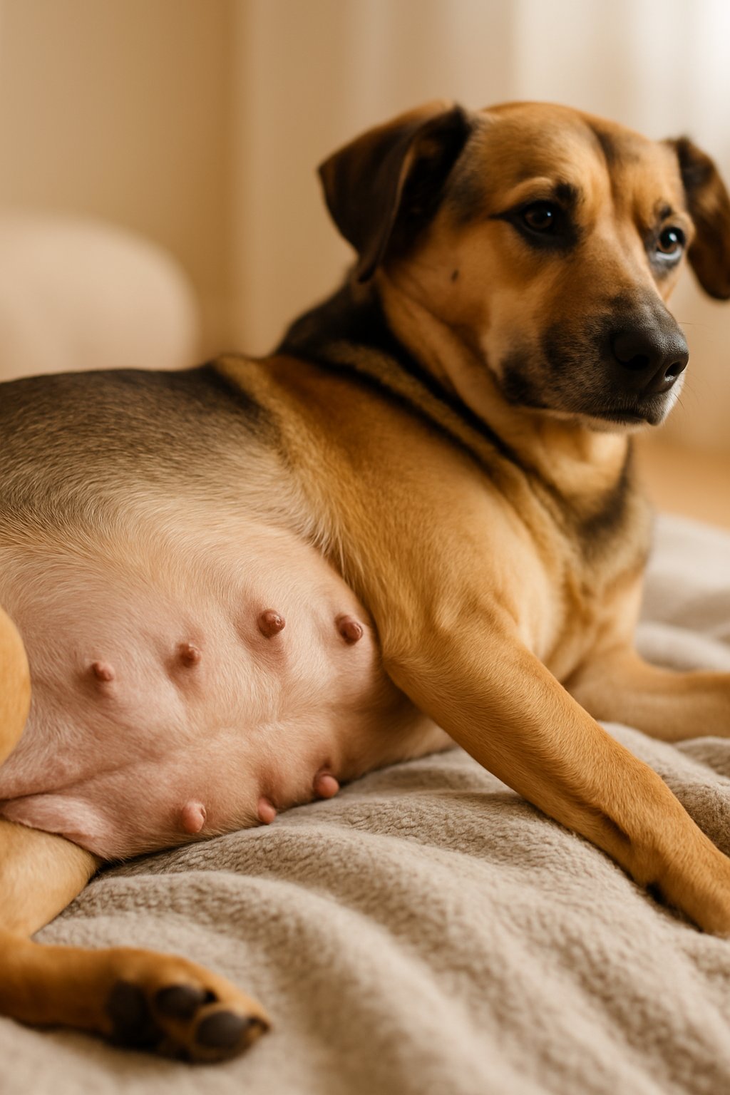 A medium-sized dog lying on a blanket with its belly visible, showing sagging nipples.