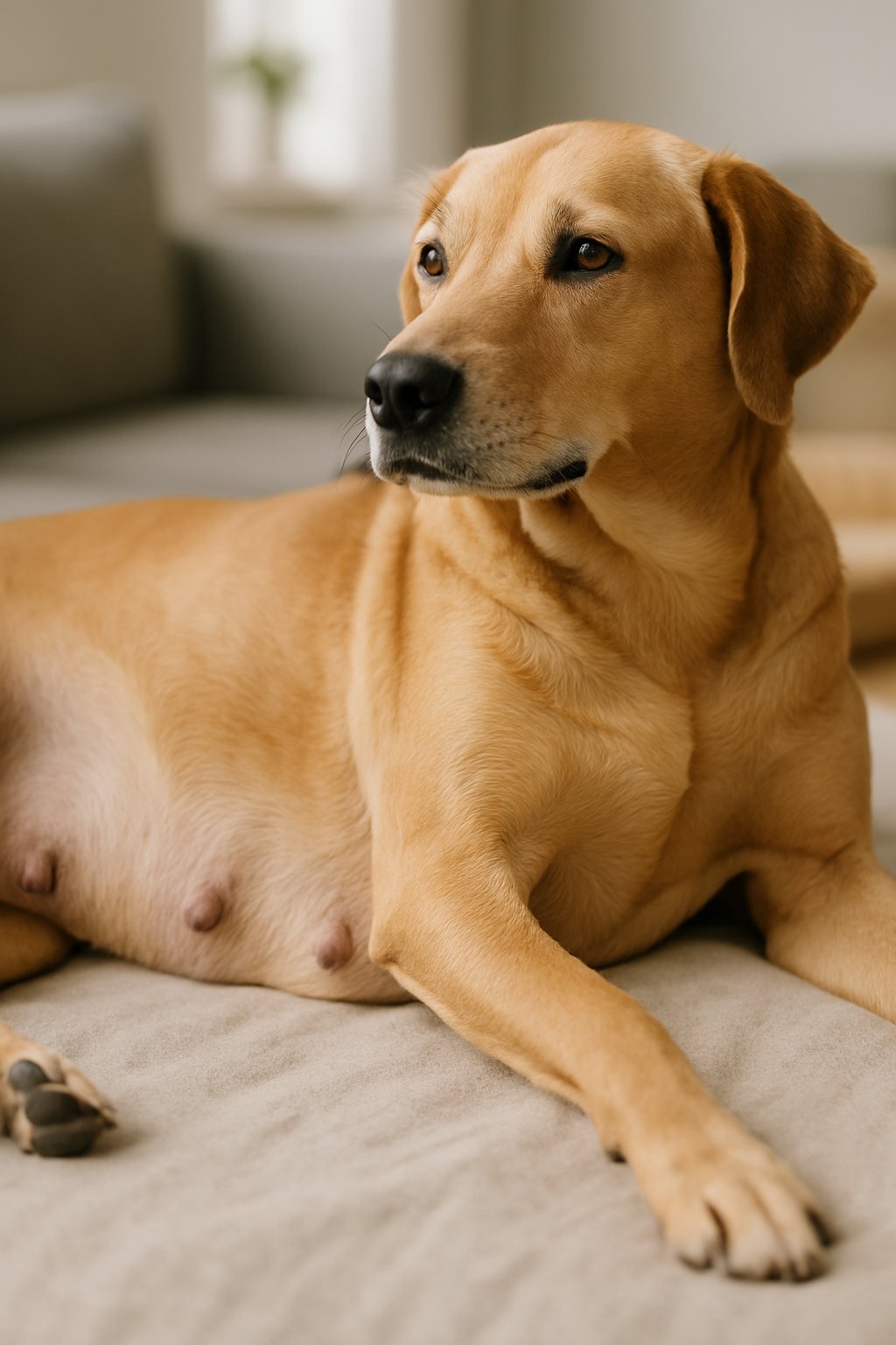 Close-up of a relaxed adult dog lying down, showing its midsection and slightly sagging nipples.