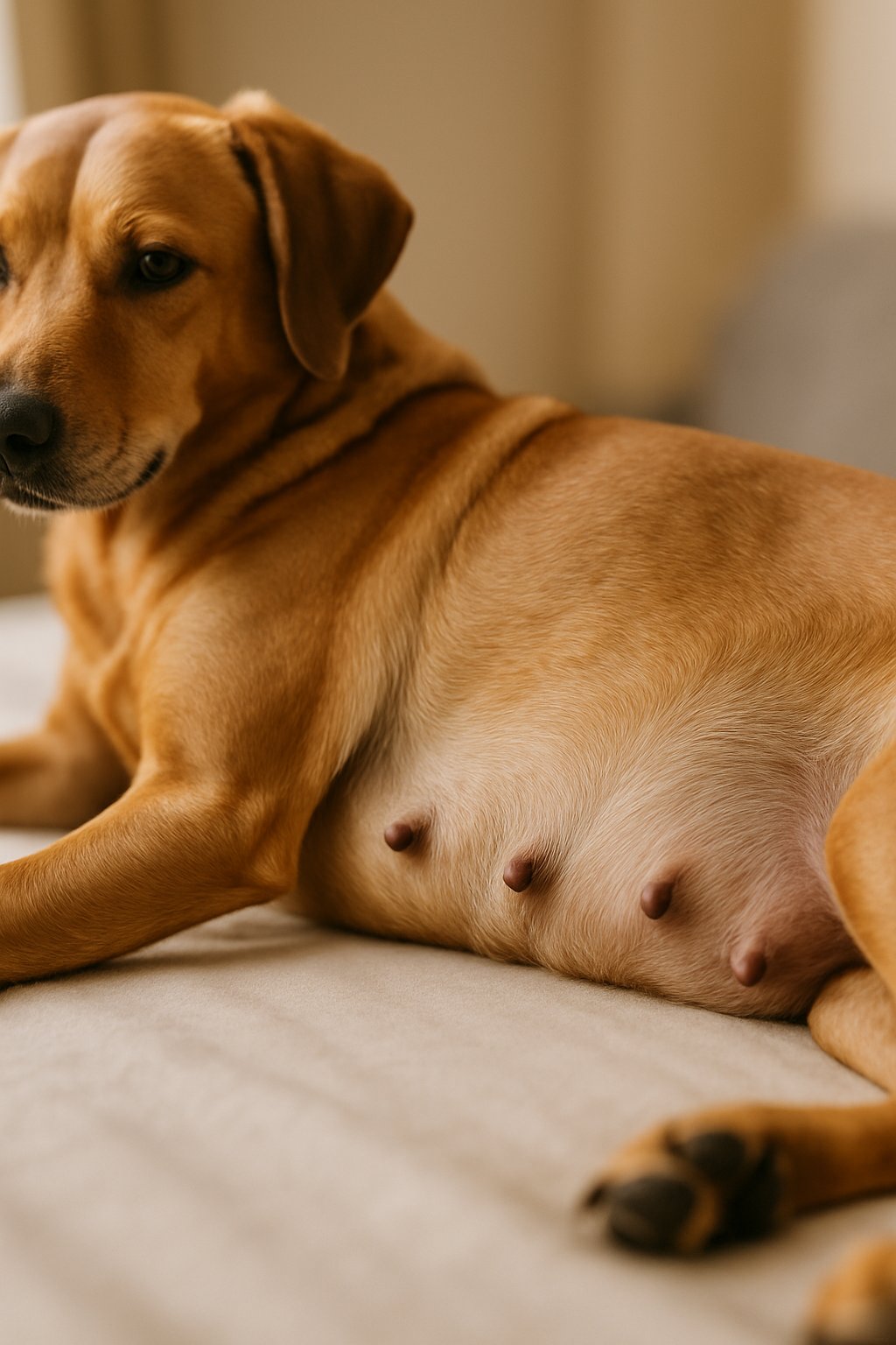 Close-up of a dog lying down showing its midsection and nipples.