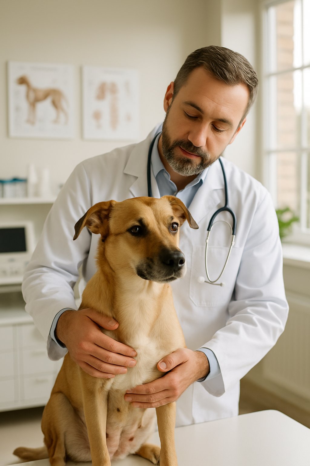 A veterinarian gently examining a medium-sized dog on an examination table in a veterinary clinic.