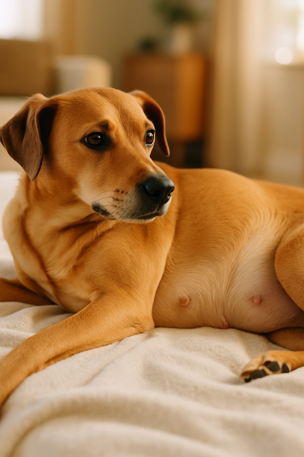 Close-up of a medium-sized dog lying comfortably on a soft blanket indoors, showing the lower abdomen area.