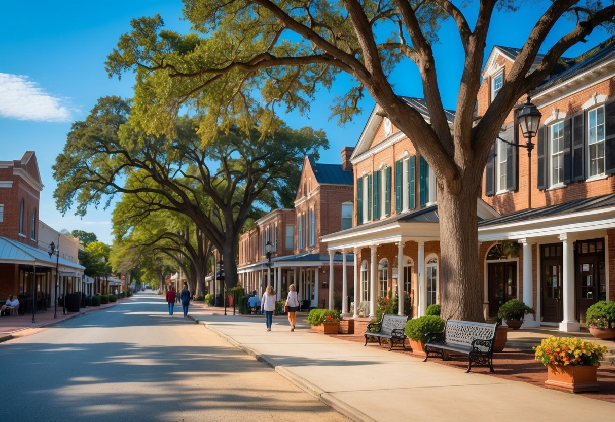 A sunny street in Oxford, Mississippi with historic brick buildings, green oak trees, and people walking along the sidewalk.