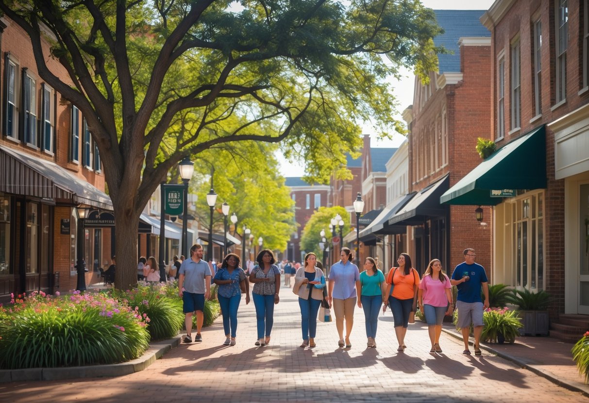 People walking along a tree-lined street with historic brick buildings and greenery in Oxford, Mississippi.