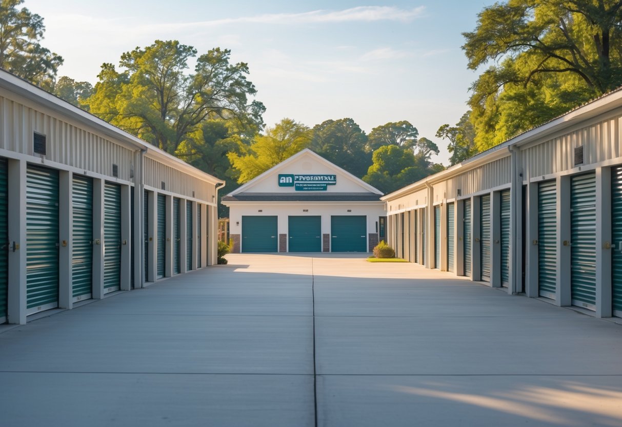 A clean outdoor storage facility with rows of storage units and a paved walkway surrounded by trees in a small town.