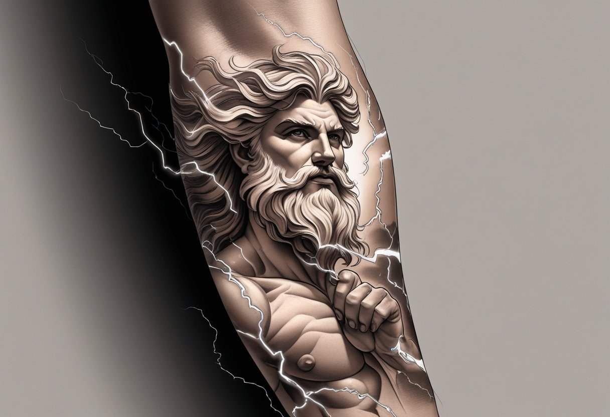 Tatuagem Zeus Antebraço: Guia Completo de Estilos e Significados Ilustração de um antebraço com uma tatuagem de Zeus segurando um raio.