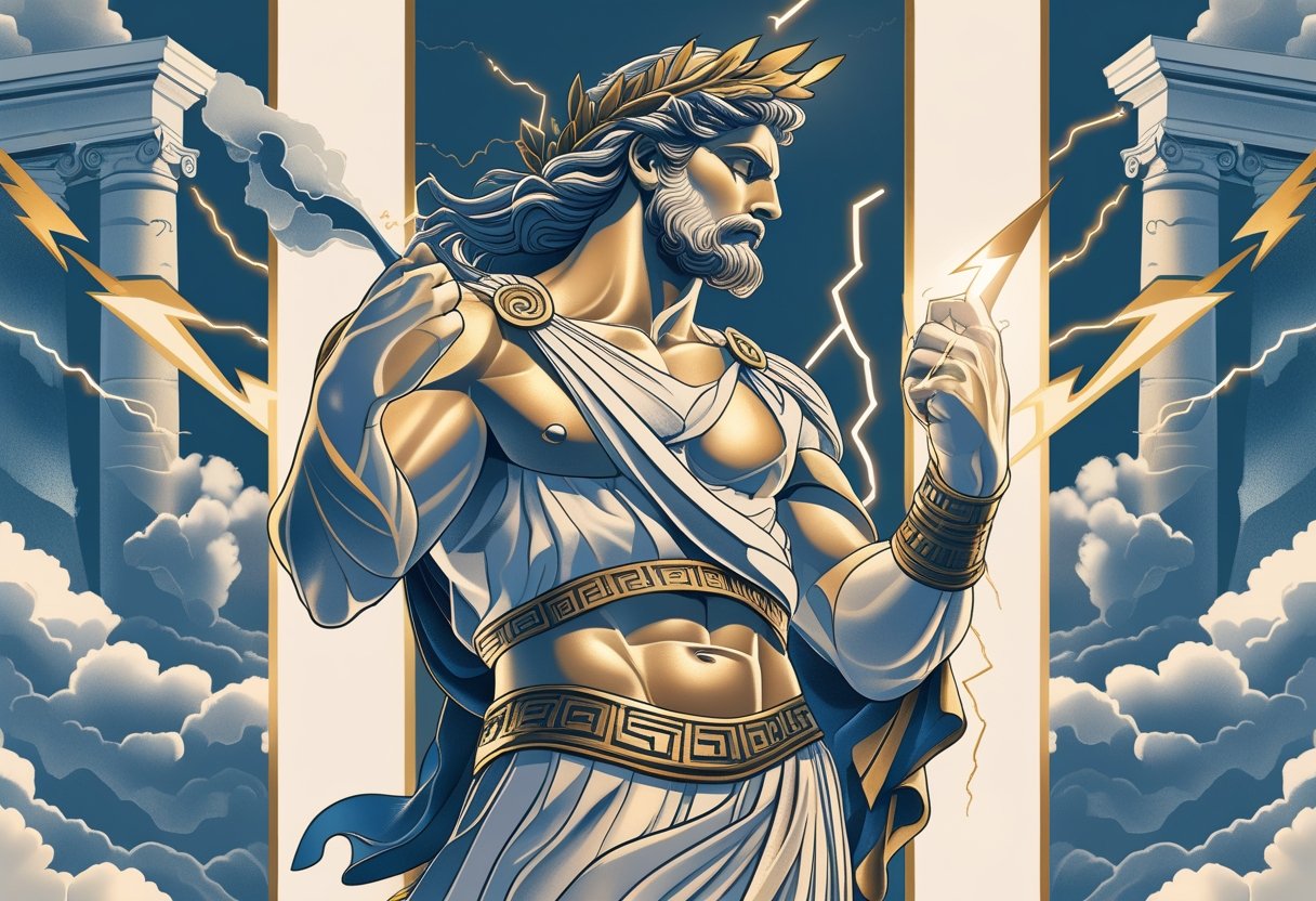 Tatuagem Zeus Antebraço: Guia Completo de Estilos e Significados Ilustração de Zeus segurando um raio, com elementos da mitologia grega ao fundo, adequada para tatuagem no antebraço.