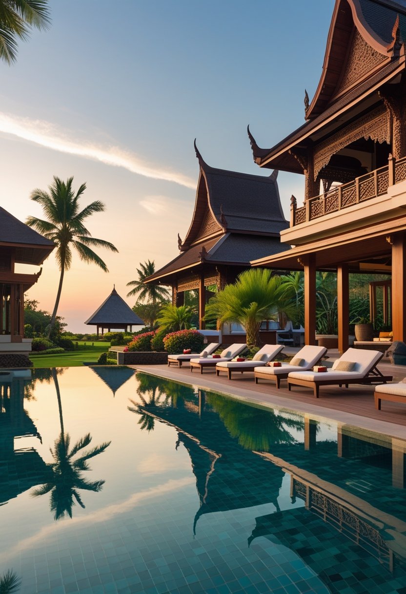 Un hôtel de luxe en Thaïlande avec une piscine à débordement entourée de jardins tropicaux et une architecture traditionnelle thaïlandaise sous un ciel au coucher du soleil.