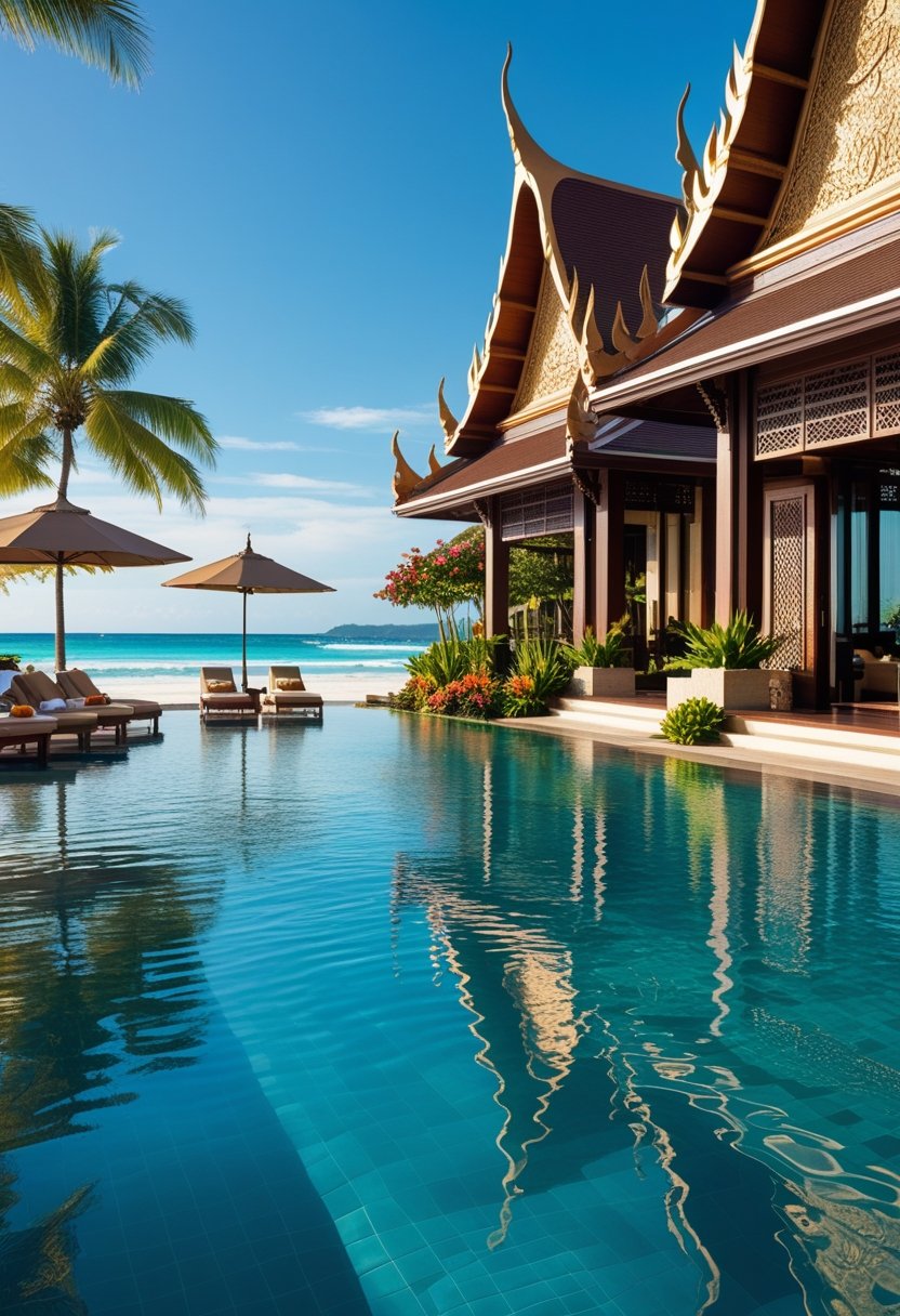 Vue d'un hôtel de luxe en Thaïlande avec une piscine à débordement, des jardins tropicaux et une plage au bord de l'eau.