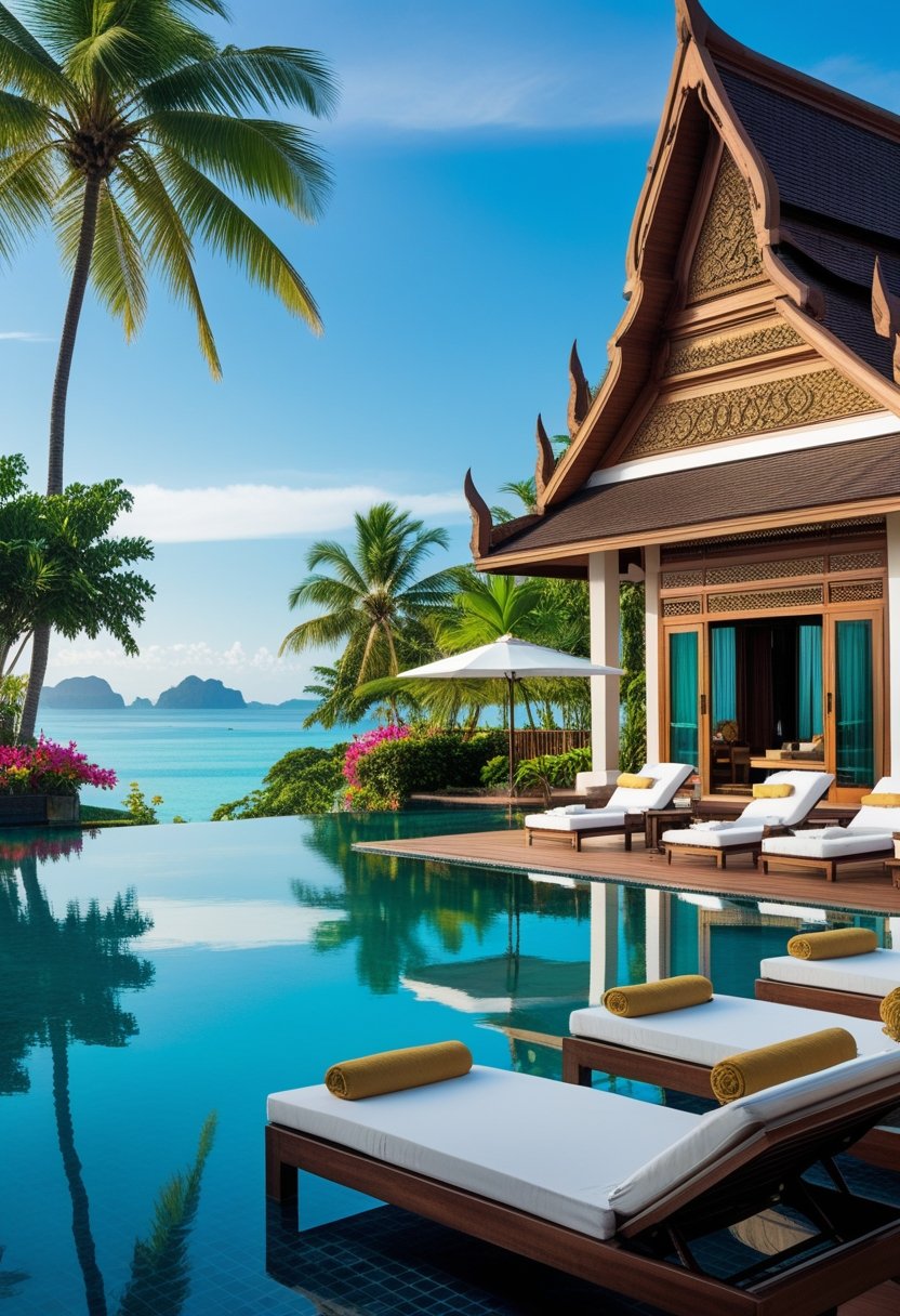 Vue d'un hôtel de luxe en Thaïlande avec une piscine à débordement, des palmiers et la mer turquoise en arrière-plan.