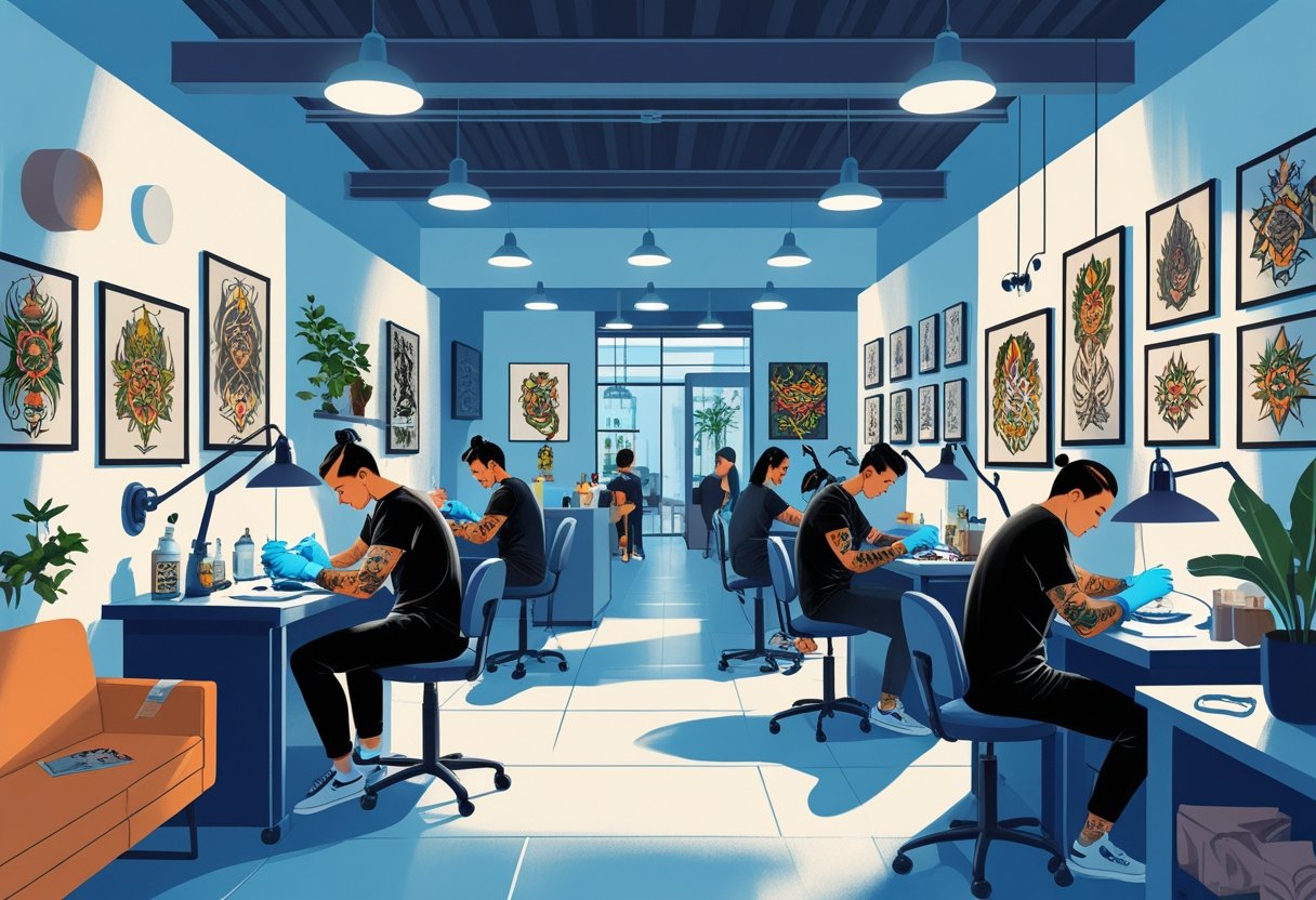 Melhores Estúdios De Tatuagem Curitiba: Onde Encontrar Qualidade E Profissionalismo Cena de um estúdio de tatuagem em Curitiba com artistas tatuando clientes em um ambiente moderno e bem iluminado.
